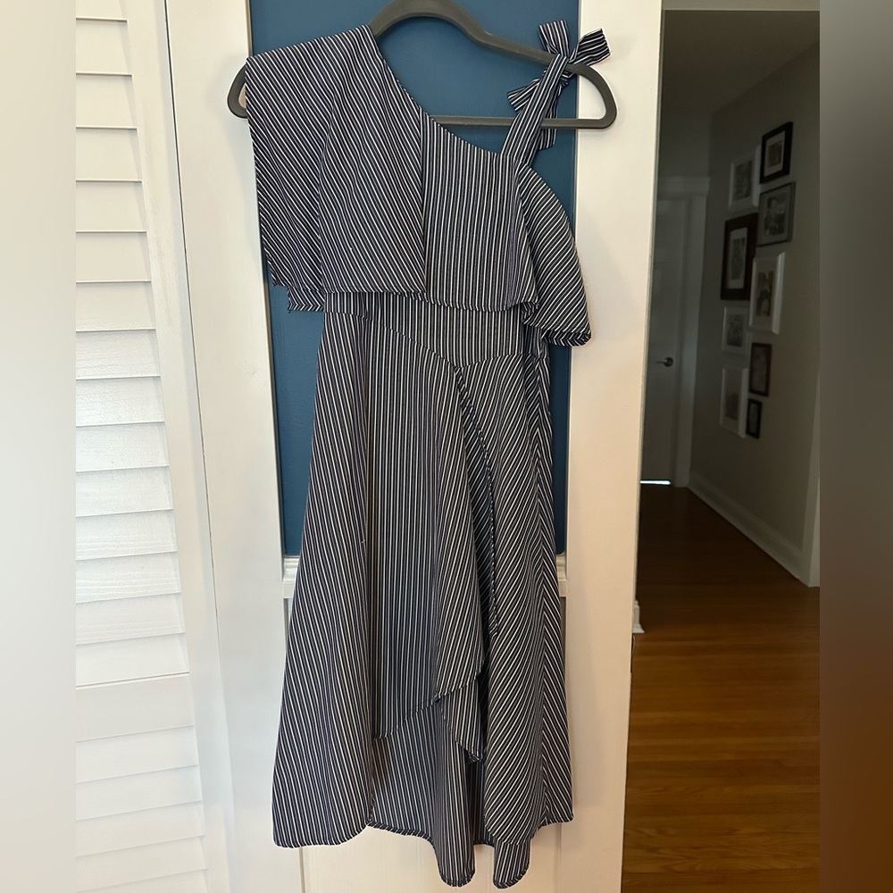 Navy Blue and White Striped Kids Formal Dress